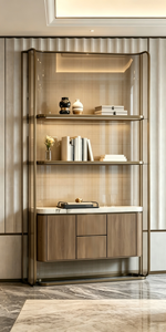 Mueble Bar Moderno Independiente con Encimera de Mármol, Puertas de Madera y Estructura de Acero Inoxidable - Product Image 4