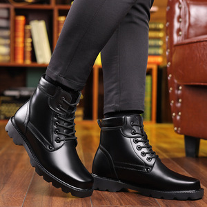 Men's Winter Fleece Lined Warm Boots Black <b>Wool</b> Lace Up Thickening 1 Cm Heel Mid Calf Waterproof Soft Leather Shoes - Product Image 2