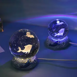 Lâmpada de noite K9 para arte 3D, bola de cristal colorida, lâmpada de mudança de cor, bola de cristal animal oceano com base de resina, luz noturna LED