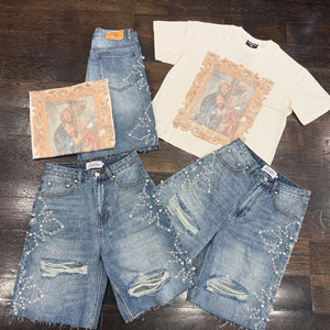 Shorts <span class=keywords><strong>en</strong></span> denim personnalisés pour hommes, style vintage, avec strass sur toute la surface, streetwear de luxe, coupe au niveau du bas, effet délavé au soleil, boucle de ceinture personnalisée - Product Image 5