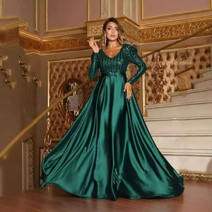 Robe de soirée pour femme, manches longues, col en V, sequins, taille empire, longueur complète, en satin, style vintage, tenue de soirée formelle - Product Image 2