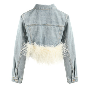 QFZ566 - Manteau en jean à manches longues pour femme, style décontracté printemps-automne, avec poignets en plumes et fourrure, pour l'extérieur - Product Image 3