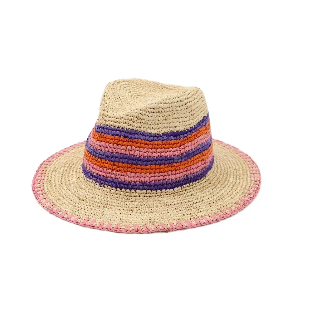 K 3 Colors Matching Raffia Handmade Crochet Wide Brim Panama Hat Unisex Vacation Seaside Hat
