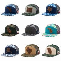 Gorra Trucker de 7 Paneles Personalizada de Alta Calidad, Malla Trasera, Visera Plana, Parche de Cuero con Camuflaje, Cierre a Presión, Gorra Deportiva de Béisbol