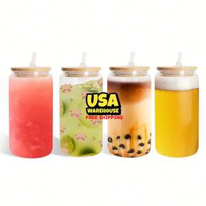 Vaso de vidrio esmerilado transparente para sublimación de 16 oz, tipo lata, con tapa de bambú y pajitas, desde almacén de EE. UU. - Product Image 1