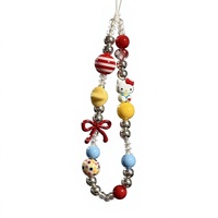 Cordon de téléphone Hello Kitty style coréen Ins, perles rayées rouge et blanc, pendentif CCD, pendentif appareil photo