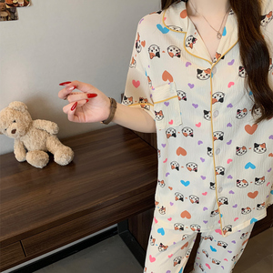 Conjunto de pijama de manga corta para mujer, estilo coreano, lindo y elegante, de tela arrugada - Nueva colección de primavera - Product Image 4