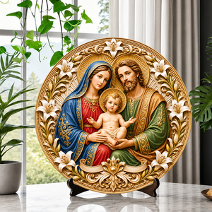 Piatto Decorativo in Resina con Madonna Coronata e Gesù Bambino, Bordo Rosa, Ornamento Religioso da Tavolo per Famiglia Cattolica - Product Image 2