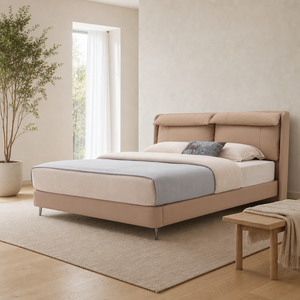 Cabecera de Cama Tapizada Contemporánea con Panel Doble, Cabecera Acolchada con Parte Superior Enrollada, Estructura de Plataforma de Cuero, Patas de Metal, Tamaño King, para Dormitorio de Invitados - Product Image 1