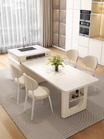 XINGRUO Nouvelle Tendance : Meubles de Cuisine Modernes avec Îlot Central et Table à Manger Intégrée, Design Luxe Blanc Crème Sans Poignées