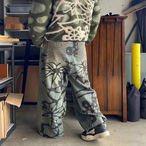 Pantalones Vaqueros Deslavados Vintage con Estampado de Grafiti, Pierna Ancha, Corte Holgado de Primavera, Estilo Hip Hop, Cintura Media, Transpirables, Lavables, Tejidos - Product Image 2