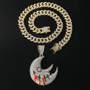 Novíssimo Colar com Pingente de Lua Estilo Hiphop Bling, Banhado a Ouro e Prata em Liga, Corrente Cubana Masculina da Moda, Joias para Atacado - Product Image 3