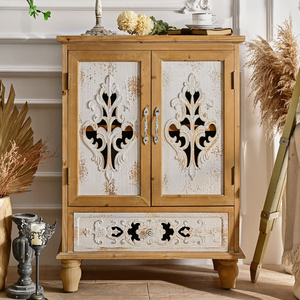 Farmhouse Vintage Storage Unit Flower Carved <b>Rustic</b> Wooden Living Room <b>Cabinet</b> with White 2 Door 1 Drawer - Product Image 1