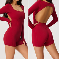 Combinaison de yoga une pièce pour femme en nylon et élasthanne, col carré, manches courtes, dos ouvert, pour entraînement et gym, faible MOQ, logo personnalisé