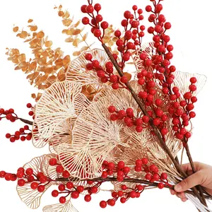 סימולציה אקליפטוס עלה זהב עלה גינקו סיני עוזרר אדום מזל פירות פרח סידור פרחים מלאכותיים ריהוט