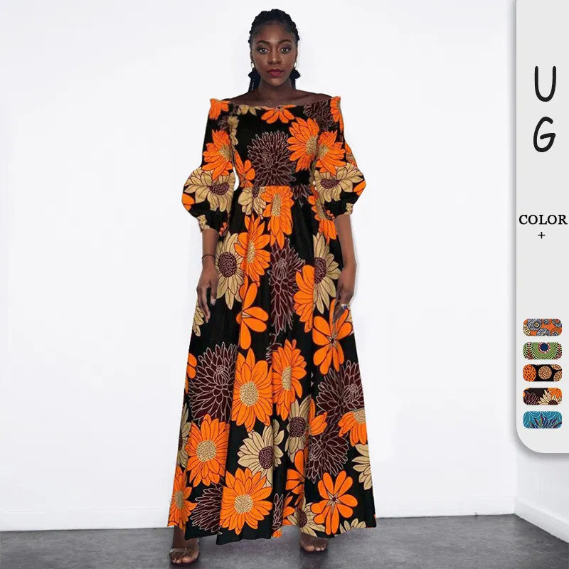Длинное платье с цветочным принтом в африканском стиле, пикантное универсальное женское Клубное платье с одной линией горловины и рукавом средней длины