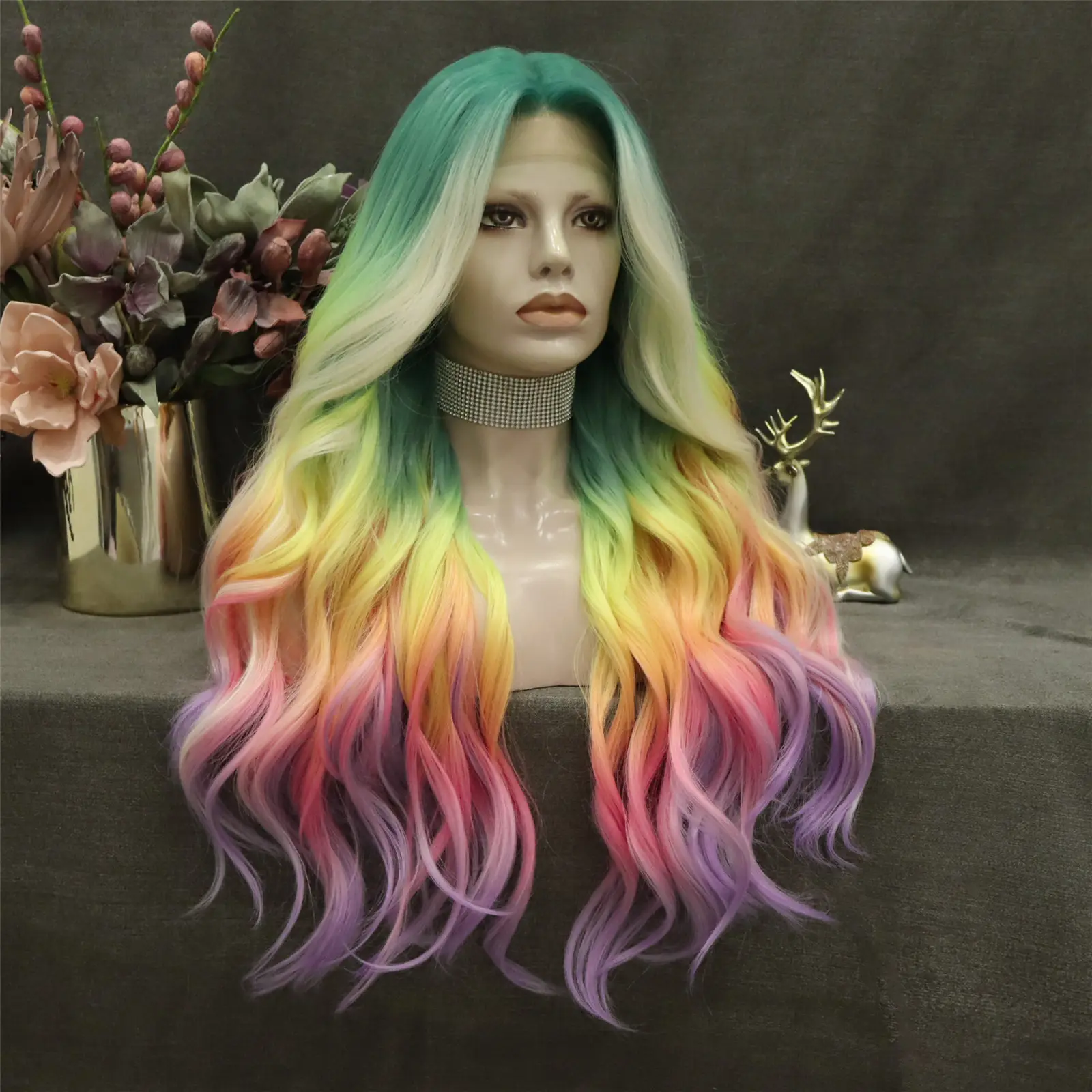 Celebrity Multicolor Blond Ombre Gekleurde Pruiken Body Wave Premium Futura Matte Hittebestendige Vezel Synthetische Kant Pruik