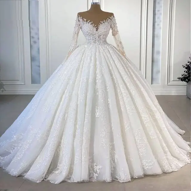Vestido de noiva princesa, vestido de noiva luxuoso com mangas compridas miçangas e pérolas