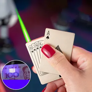 Poker lighter butane gas jet green flame with counterfeit bill detector playing card lighter
