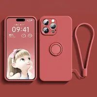 Coque en silicone liquide pour iPhone 17 16 16e 15 13 Mini 14 12 11 Pro Max Plus avec support anneau et dragonne de protection