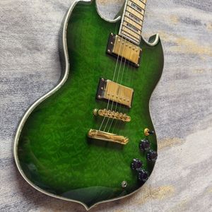 Chitarra Elettrica SG a <span class=keywords><strong>6</strong></span> Corde in Mogano Figurato Verde, Corpo Solido, Tasti e Pickup Humbucker per Pratica ed Esibizioni - Product Image 1