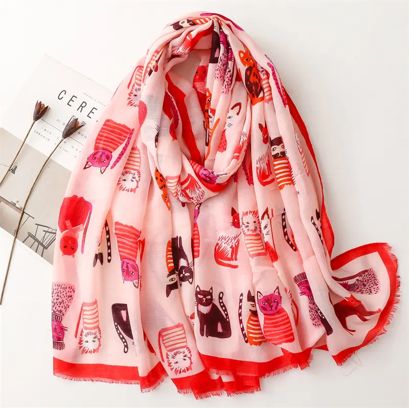 Factory Supply New Design Women Ladies Flowers Animal Print Cats Scarf Remembrance Day Cat Scarves Wrap Hijab Shawl