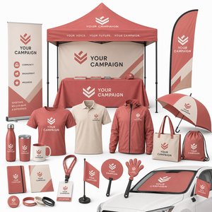 Lot de cadeaux promotionnels pour la sensibilisation électorale : Nappe personnalisée, drapeau, brochure, casquette, gobelet, badge pour événements communautaires - Product Image 4