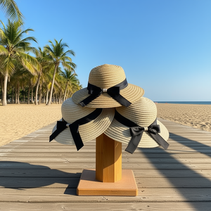 Chapeau de paille avec nœud noir, bord large de 8 cm, protection solaire estivale, idéal pour la plage - Product Image 2