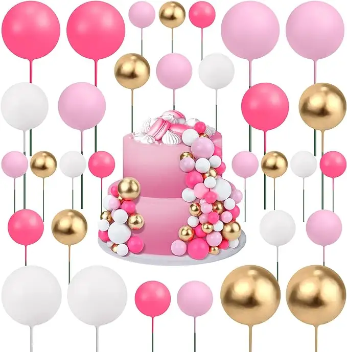 Misturado Tamanho Espuma Bola 2cm 2.5cm 3cm 4cm 20pcs Black Gold Sliver Pink Balls Bolo Topper Faux Balls Para Bolo De Aniversário