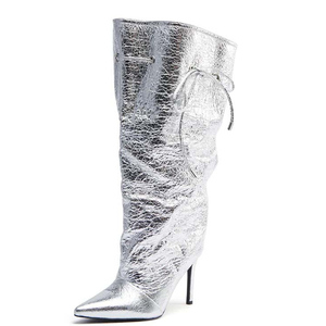 Botas Plateadas Anchas y Holgadas para Mujer, Botas Altas hasta la Rodilla con Punta Puntiaguda, Zapatos de Tacón Alto con Cordones Laterales - Product Image 5