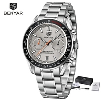 Montre à quartz unisexe BENYAR, nouveau design sportif, acier inoxydable, étanche, chronographe, mouvement Citizen, verre 43 mm, bracelet en cuir