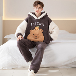 Ensembles de vêtements de nuit hiver pyjamas à capuche en peluche pour hommes adolescents pyjamas de dessin animé épais doublés de polaire - Product Image 3