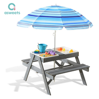 Table de pique-nique pour enfants en bois 3 en 1 Asweets, avec parasol convertible, table de jeu pour le sable et l'eau, table d'activités pour enfants en plein air