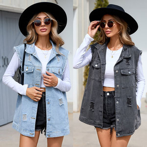 Tendance Décontracté Déchiré Lavé <span class=keywords><strong>Long</strong></span> Sans Manches Denim <span class=keywords><strong>Gilet</strong></span> Femmes <span class=keywords><strong>Veste</strong></span> - Product Image 2