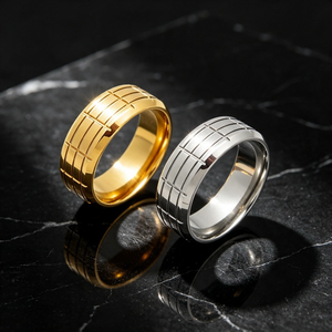 Trendy Unisex Thick Wide Statement <b>Ring</b> Rectangular Grid Groove Engraved Surface <b>Stainless</b> <b>Steel</b> Men <b>Women</b> Daily Finger <b>Ring</b> - Product Image 3