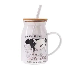 Zogifts Creative Smile 500Ml Transparent Glass Cow Coffee Milk Mug Large Capacity Drink Water Tea Cup With Wooden Lid And Straw