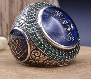 925 Thai Silver Plated Saudi Emerald Zircon Ring for Islamic Men Vintage Design Wholesale Arabic Font Rings Hand Jewelry