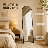 Miroir pleine longueur moderne minimaliste noir à cadre métallique fin et arqué pour chambre à coucher, dressing et décoration intérieure