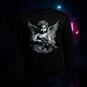 T-shirt a maniche lunghe Armed Guardian Angel con design grafico nero, abbigliamento unisex - Product Image 3