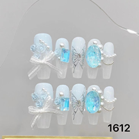 Faux ongles à presser faits main, couvrants, réutilisables, style français, avec motifs floraux, en acrylique, magnétiques, strass, forme ballerine
