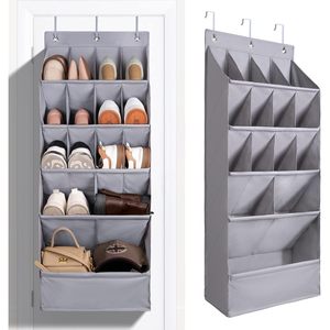 Over The Door Shoe Organizer 15 Pockets Grey Hanging Storage Rack For Closet Shoes With Large Pocket L Shape Design - Product Image 1