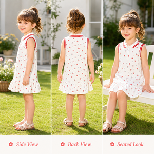 Vestito Polo Casual da <span class=keywords><strong>Bambina</strong></span> con Stampa Ciliegie, 100% Cotone, Senza Maniche, Orlo con Volant, Lunghezza al Ginocchio, Estivo, Disponibile all'Ingrosso - Product Image 2