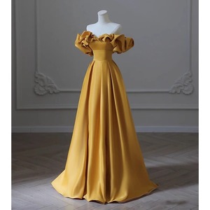 Evening Gown Off-The-Shoulder Empire Waist Turmeric Color Ruffles Long Dress For Annual Meeting Hosts Art Exams Spring - Product Image 2