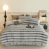 Ensemble de literie en fausse fourrure de lapin rayée de luxe, 4 pièces, couvre-lit confortable, couette, couvre-lit confortable, drap plat pour l'hiver