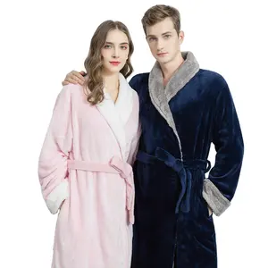 100% Polyester Luxus lange Robe Frauen Plaid Flanell Fleece Bademantel mit Sherpa Fleece Kontrast Kragen Turn-Down