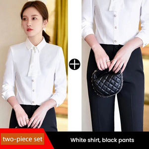 Kemeja Kerah Lipat Lengan Panjang Wanita Bergaris Biru Putih; Blus Lapisan Dasar Pakaian Kerja Model Lurus untuk Musim Gugur dan Musim Dingin - Product Image 6