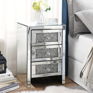 Modern <strong>Silver</strong> Mirrored 3 Drawer Night Stand <strong>Bedside</strong> <strong>Table</strong> - Product Image 1
