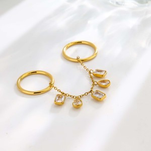<b>Gold</b> Plated <b>Cocktail</b> <b>Ring</b> With Cubic Zirconia Chain Dangle Women's Glam Party Jewelry - Product Image 5