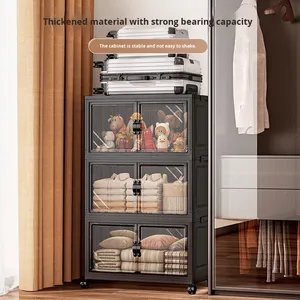 Armario de Almacenamiento Plegable de Plástico, Sin Instalación, Organizador de 3 Niveles con Puertas y Ruedas, Estantería para Juguetes y Libros, Venta al Por Mayor - Product Image 4