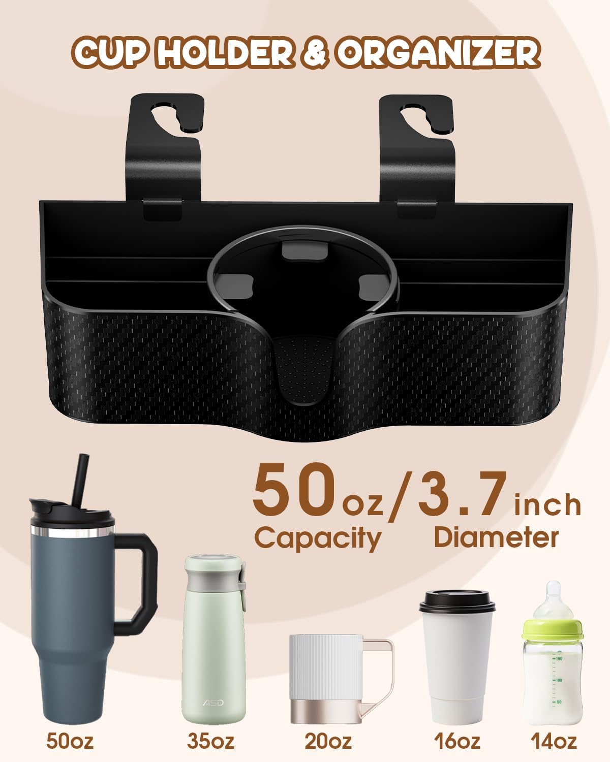 Qeepei Auto Car Headrest Backseat Organizer with 3.7" Cup Holder and Tablet Holder - Multifunct